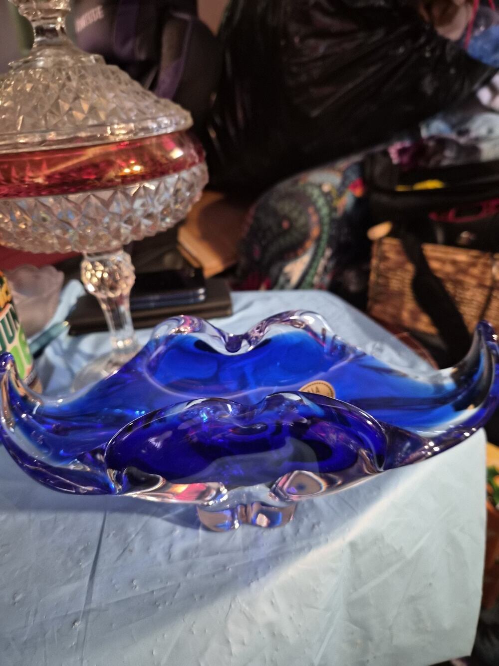 Vintage Bohemia Glass Deep Cobalt Blue Glass Bowl Handmade With The...